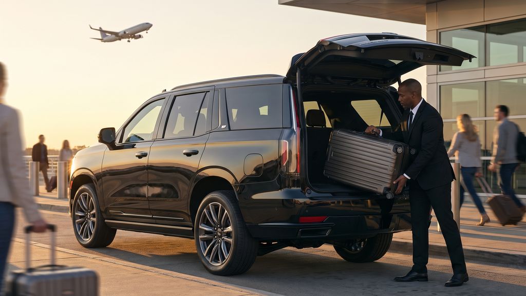 Chauffeur loading a suitcase into a black SUV at an airport departures curb