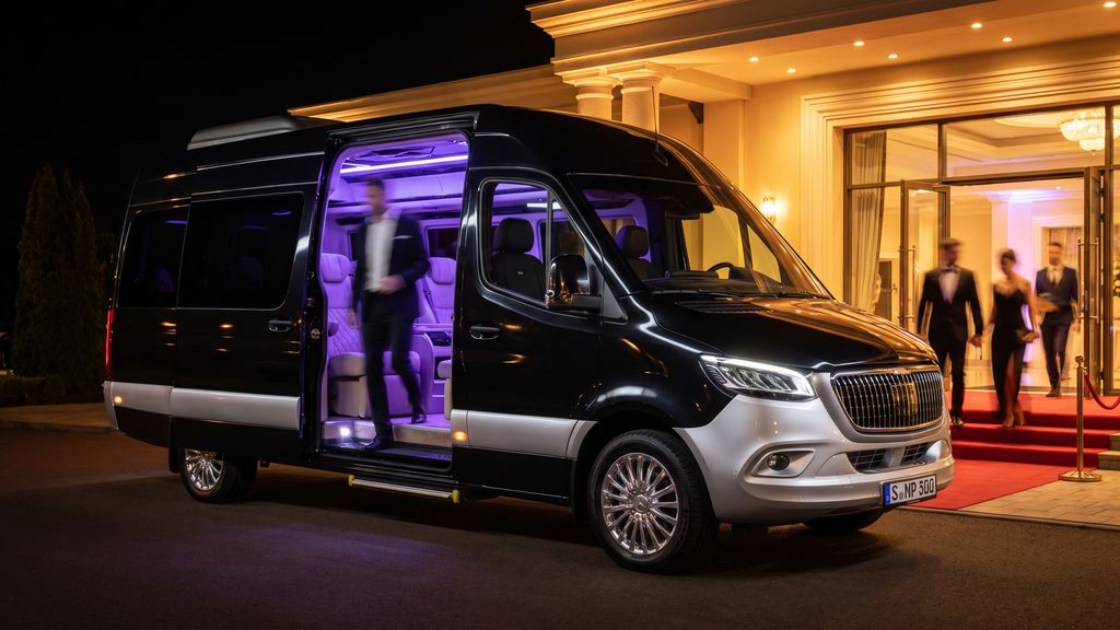 Guests in formal wear stepping out of a black Sprinter party van with purple lighting at an evening event