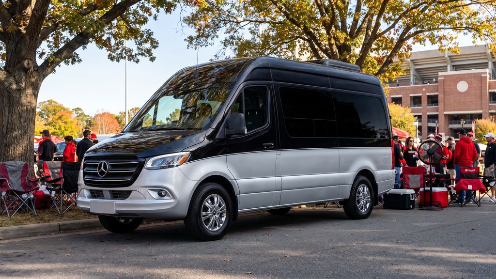 Black Mercedes Sprinter van parked at a college football tailgate with fans in red and black