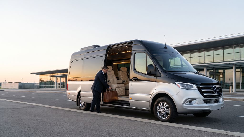 Chauffeur loading luggage into a black Mercedes Sprinter van at a terminal