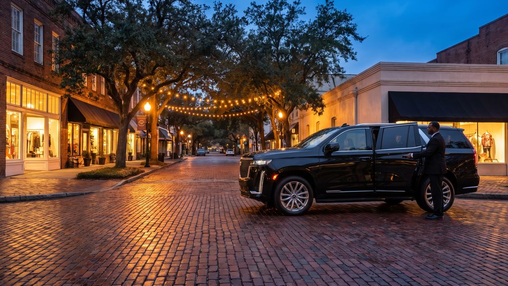 Black Cadillac Escalade with a chauffeur holding the door on a downtown street at dusk