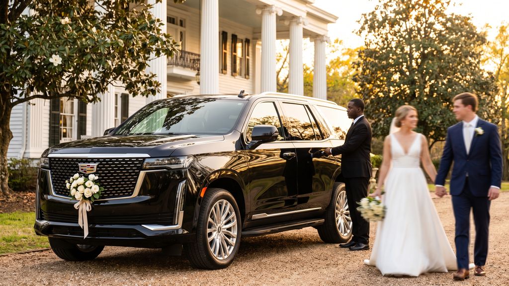 Bride and groom walking to a black Cadillac Escalade decorated with white flowers at a historic Southern venue